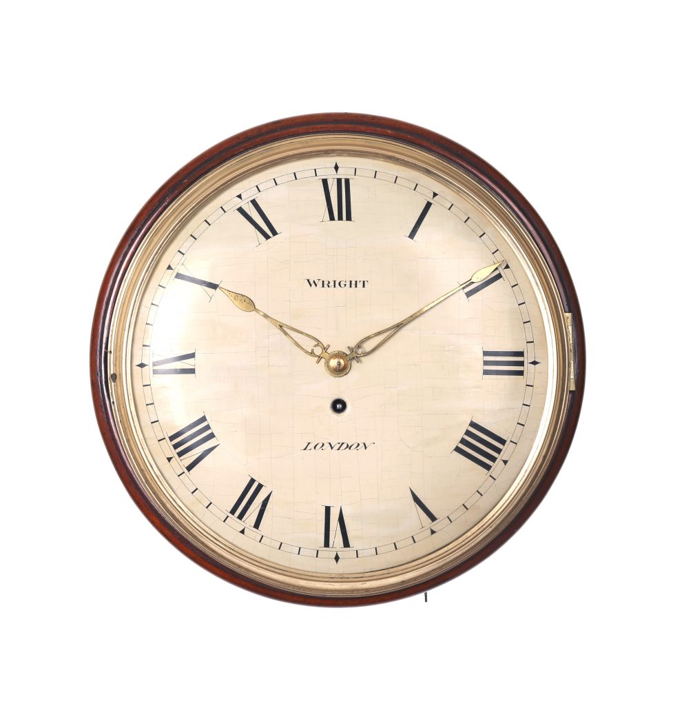 A FINE EARLY 12″ FUSEE DIAL WALL CLOCK BY WRIGHT OF LONDON The