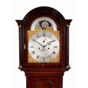 mahogany moonphase longcase clock by Benjamin Reed of Plymouth hood