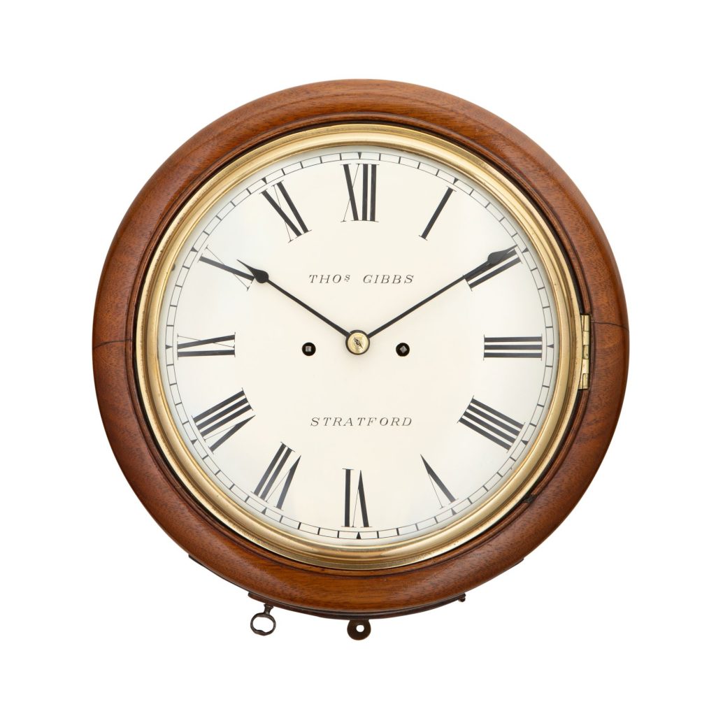 THOMAS GIBBS STRATFORD 10″ MAHOGANY STRIKING DIAL CLOCK The Antique Clock Company